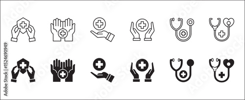 Healthcare icon set. Health insurance symbol. Doctor consultation apps icon. Icons set contains online doctor, hospital, medical consultant, medic, clinic, emergency call. Vector illustration