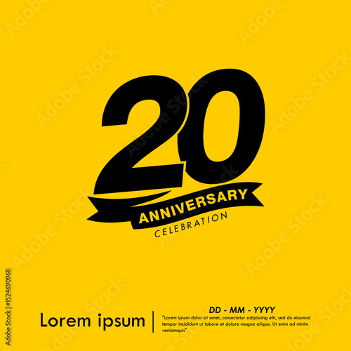 20th years anniversary celebration emblem. congratulations anniversary logo isolated with ribbon on yellow background. vector illustration template design for web, flyers, poster, greeting card