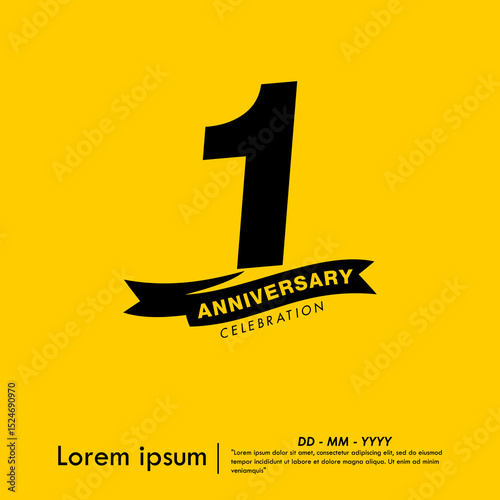 1st year anniversary celebration emblem. congratulations anniversary logo isolated with ribbon on yellow background. vector illustration template design for web, flyers, poster, greeting card