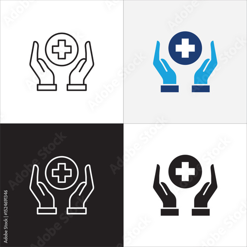 Healthcare icon set. Digital health care icon. Hands with cross medic symbol. Health insurance symbol. Icon symbol compatible for doctor, clinic, hospital, medical consultation. Vector illustration.