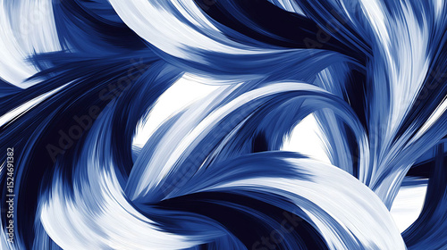 A swirling abstract pattern of rich midnight blue and bright white, where fluid brushstrokes of color form sweeping curves that create a dramatic, luxurious feel,