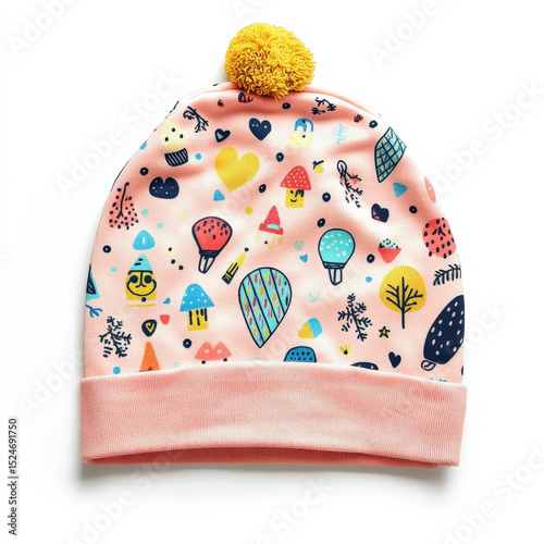 Colorful kids beanie with playful pattern and yellow pompom