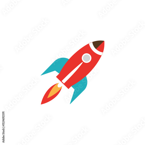 Fast Rocket Ship Taking Off, Space Travel, Launch Icon, Red and Blue