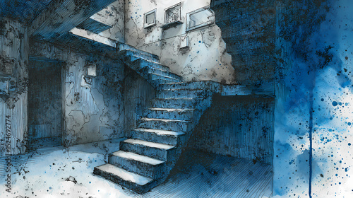 cover design for surrealist novel | narrated silence pattern | static interference pattern | symbolic blue glow | recurring stairwell | sealed letterform | phonetic debris | ritual ash residue | photo