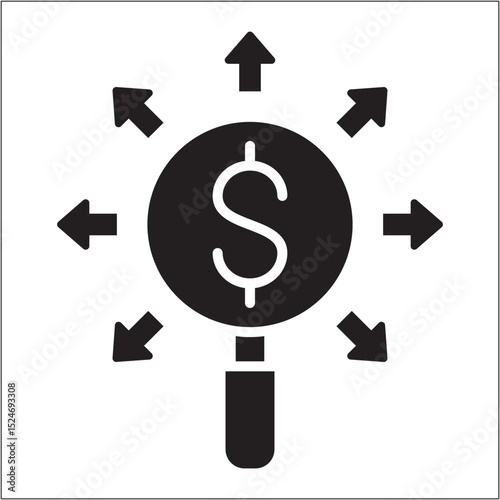 Business market data research icon. Magnifying glass with dollar icon. Icon symbol compatible for finance monitoring, observation, finding profit. Vector illustration