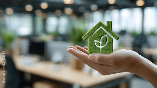 Hand holding a green house-shaped object with a leaf symbol, set against an office background.