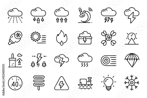 Collection of line icons depicting climate weather warm cloud themes isolated on transparent background