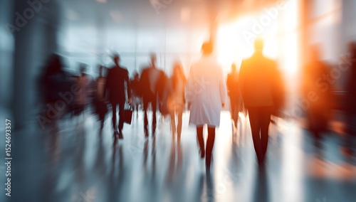 Blurred figures of people walking in a brightly lit corridor, suggesting movement and activity.
