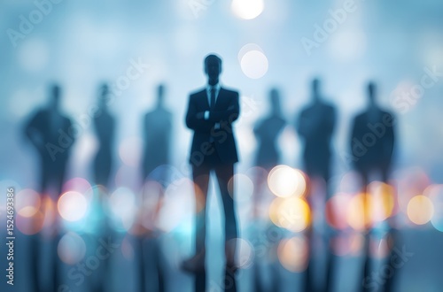 Silhouetted Businessman Standing Among Blurred Figures Against a Bokeh Background