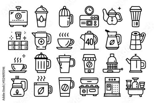 Collection of line icons depicting coffee maker machine and beans isolated on transparent background