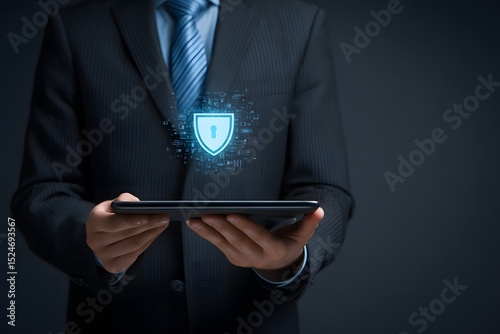 Businessman holding a tablet with a glowing shield icon, symbolizing digital security.