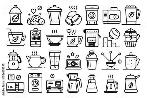 Collection of line icons depicting coffee maker machine and beans isolated on transparent background