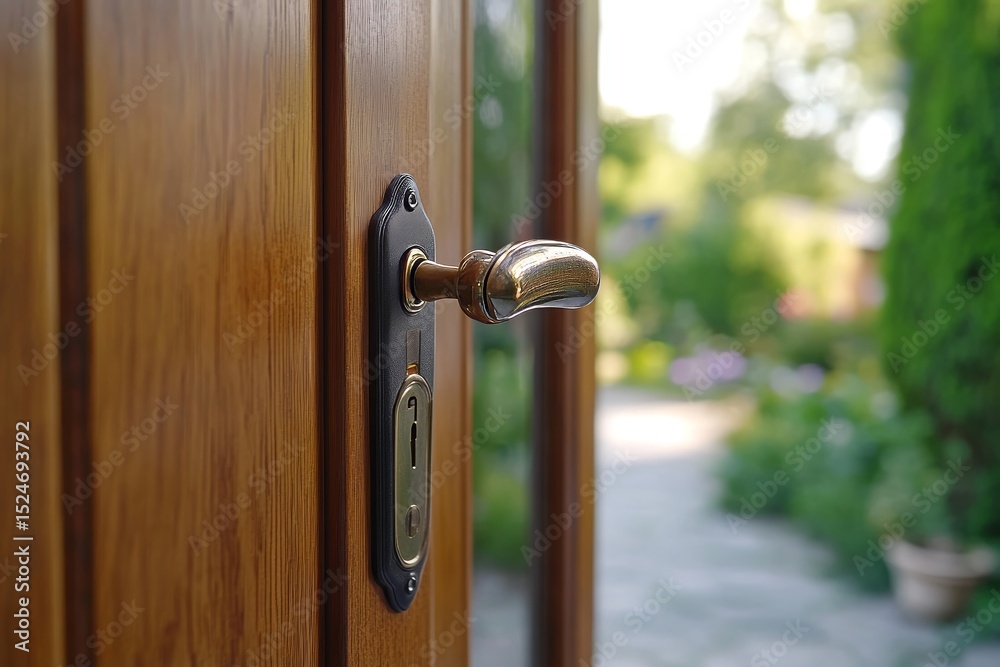 Obraz premium A inviting wood door with a classic bronze handle, beckons you into the serene garden. The photograph captures the details, inviting exploration and a moment of contemplation.