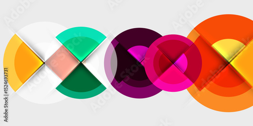 Abstract design features overlapping colorful circles, squares. Modern composition with vibrant hues, clean lines, geometric shapes.
