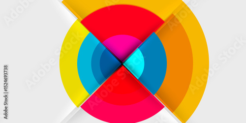 Bright concentric circles intersect forming abstract geometric design. Vivid colors create dynamic visual impact. Minimalist composition, clean lines.