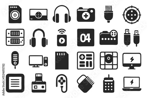Collection of line icons depicting computer accessories and a mouse isolated on transparent background