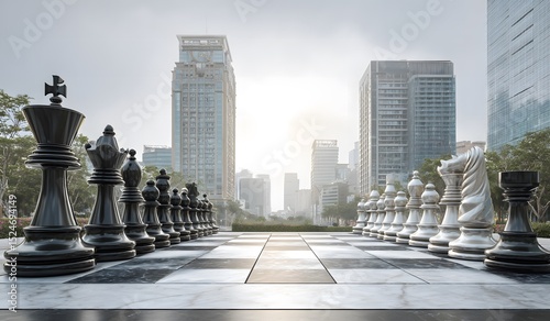 Giant chess pieces arranged on a board with a modern cityscape in the background