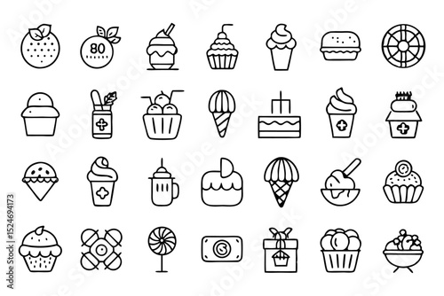 Collection of line icons depicting dessert sweets waffles and cakes isolated on transparent background