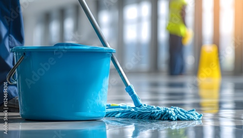 Cleaning supplies including a blue bucket and mop on a shiny floor with a worker in the background.
