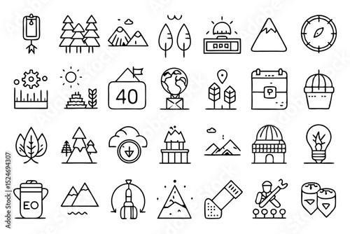 Eco tourism outdoor trip line icons set isolated on transparent background
