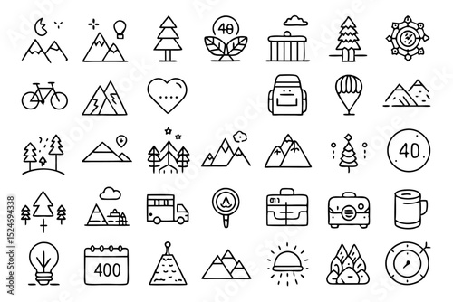 Eco tourism outdoor trip nature line icons set isolated on transparent background