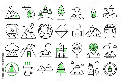 Eco tourism outdoor trip line icons set isolated on transparent background