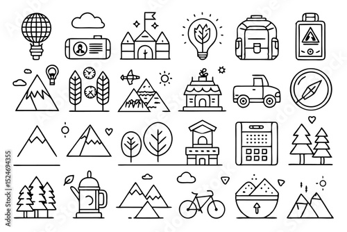 Eco tourism outdoor trip nature line icons set isolated on transparent background