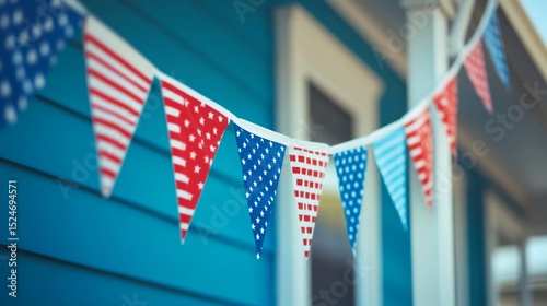 Red, white, and blue bunting and flags hanging along a porch railing festive small-town celebration concept.
