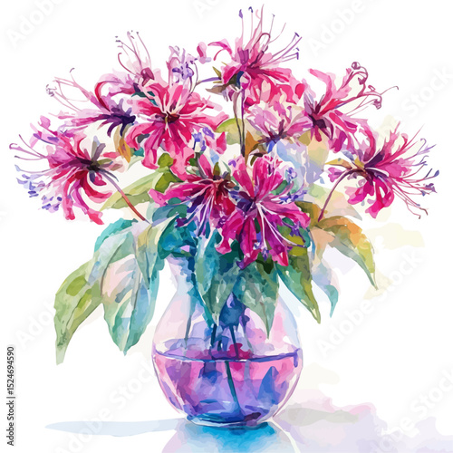 watercolor of A Bee Balm In A Vase, vector high quality, isolated on a white background.