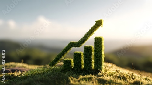 Bar graph made of grass with an upward arrow, symbolizing growth in a natural setting.