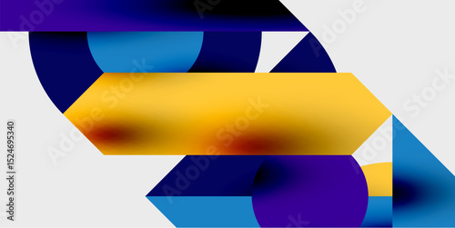 Abstract geometric shapes overlap, creating vibrant color gradients. Composition features blues, purples, yellows against black background.