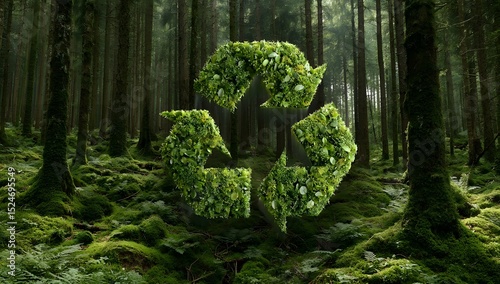 Recycling Symbol Formed by Green Leaves in a Forest