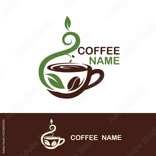 Coffee cup with green leaf sprout and bean design, ideal for "Coffee" branding, organic cafes, or natural beverage lines.
