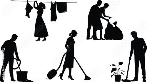 Silhouette Illustration of Daily Household Chores: Cleaning, Gardening, and Laundry Tasks flat vector illustration