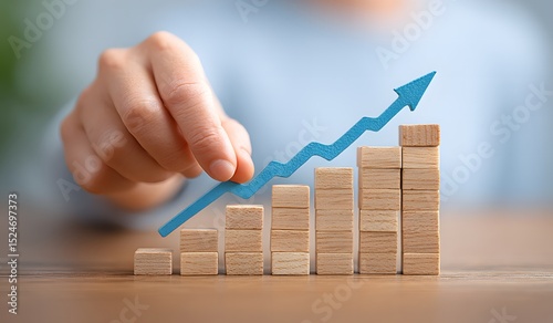 Hand placing a blue arrow on ascending wooden blocks, symbolizing growth and progress.