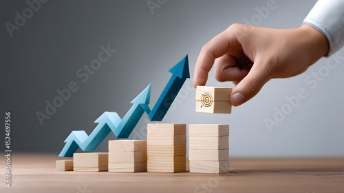 Hand placing a block with a target symbol on a stack, alongside ascending arrows, symbolizing growth and goal setting.