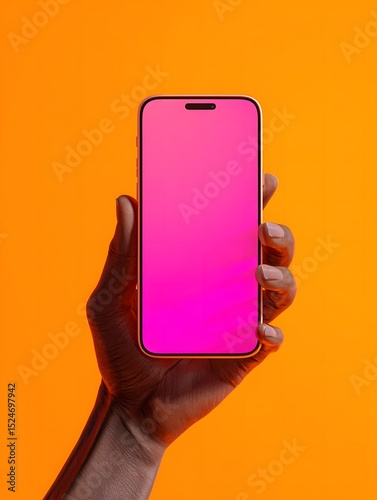 Hand holding a smartphone with a bright pink screen against an orange background