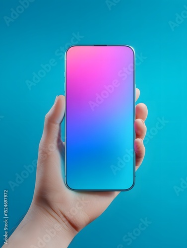 Hand holding a smartphone with a gradient display against a blue background