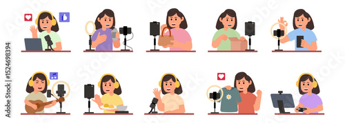 Vlogger woman recording video content, vector illustration