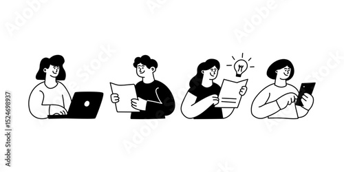 A clean, black-and-white vector illustration of four cartoon characters engaged in various work and creative activities