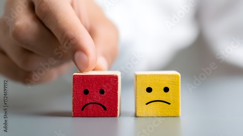 Hand selecting between red and yellow blocks with sad faces, symbolizing negative choices or emotions.