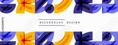 Abstract geometric shapes repeat, creating vibrant pattern. Orange, blue, purple hues dominate design. Minimalist style, modern aesthetic.