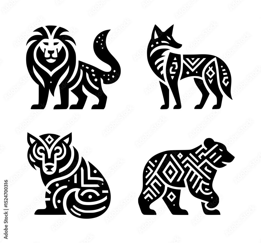 Obraz premium Geometric tribal animal icons lion wolf fox bear