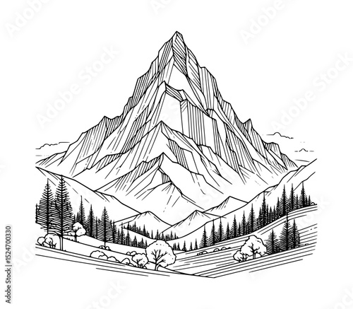 Majestic mountain peak line art illustration