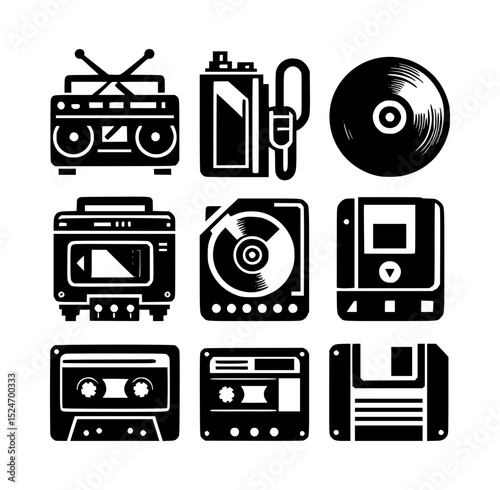 Retro music and data storage icons