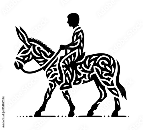 Ornate donkey rider black and white illustration