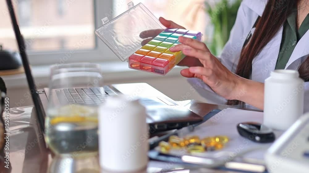 Close-up Doctor shows patient online capsules and pills in a timed medication organizer. Medication schedule. Alternative medicine, Dietary supplements, Vitamins and minerals