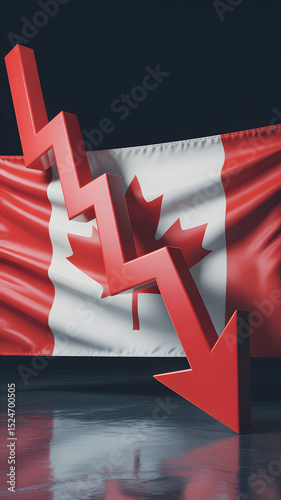 Economic downturn symbolized by red arrow on Canadian flag background

