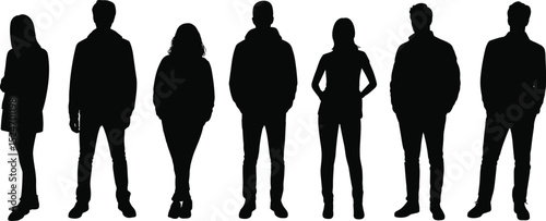 Standing people silhouette vector, group of men and women, casual pose, hoodie, fashion, modern lifestyle, side and front view