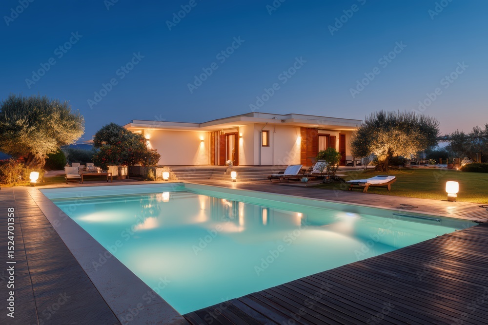 Fototapeta premium Modern villa with pool and night lighting exuding luxury and tranquility in residential oasis.